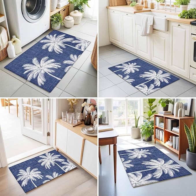Area Rug 2x3ft, Coastal Palm Trees on Blue Washable Rugs for Living Room Bedroom, Minimalist Tropical Leaves Soft Non-Slip Area Rugs Rectangle Floor Carpet for Dining Room