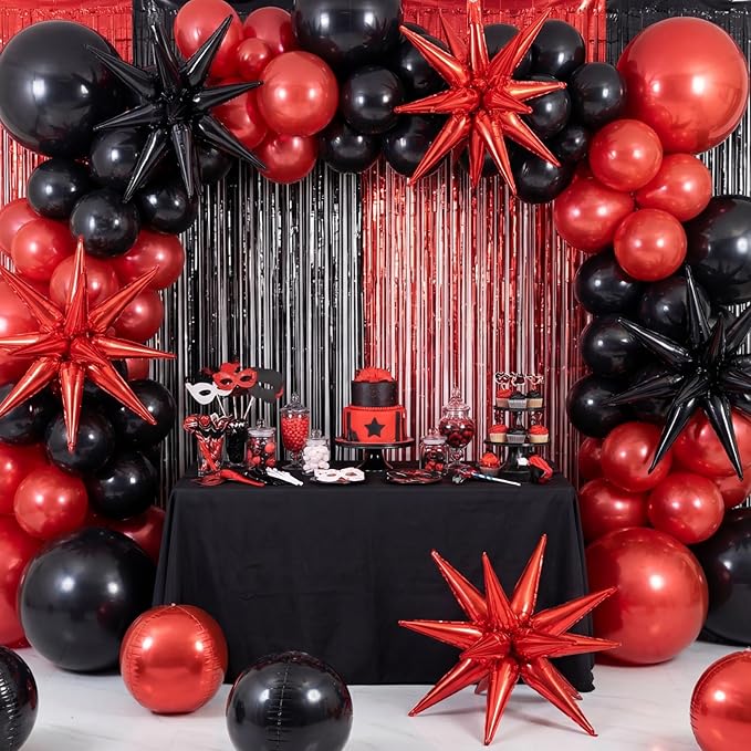 Seenelling 25 Pcs Red and Black Graduation Party Decorations 2026 Sets 22 Inch 4d Large Stars Balloons with Metallic Tinsel Foil Fringe Backdrop Curtains for Birthday Anniversary Wedding Decor