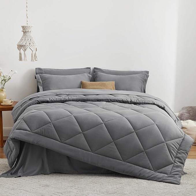 Love's cabin Full Comforter Set Grey, 7 Pieces Full Bed in a Bag, All Season Bedding Sets with 1 Comforter, 1 Flat Sheet, 1 Fitted Sheet, 2 Pillowcase and 2 Pillow Sham | Soft, Breathable, Lightweight, Comfortable