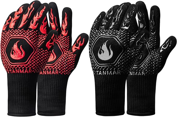 BBQ Grill Gloves, 1472°F Extreme Heat Resistant Grilling Gloves Non-Slip Oven Mitts Potholder, Perfect for Barbecue, Cooking, Baking, Fireplace, Smoker - 2 Pair (Red and Black)