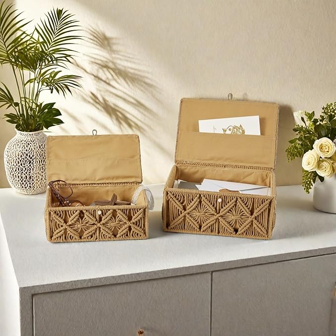 Decorative Boho Storage Baskets with Lid Bohemian Macrame Jewelry Box Handmade Natural Cotton Rope Woven Bins Memory Keepsake Photo Makeup Organizer Shelf Container (Khaki, Large)