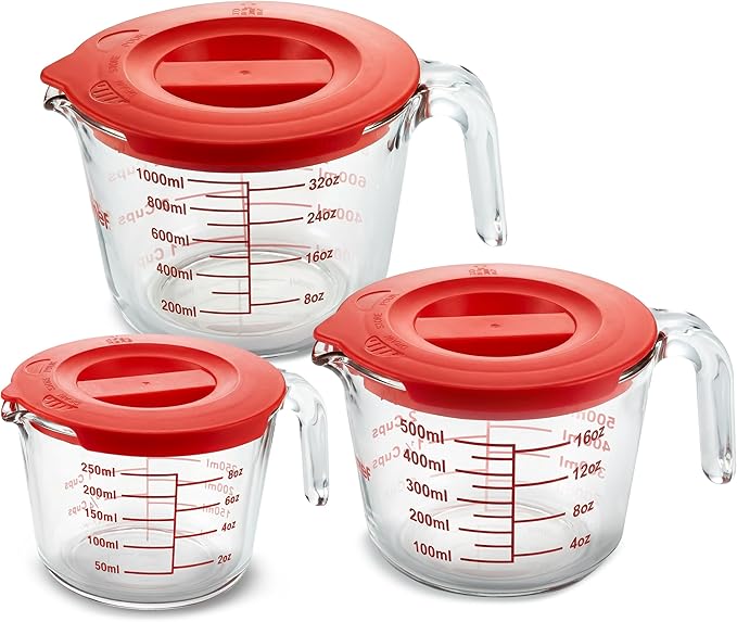 NutriChef 1,2 and 4 Cups Glass Measuring Cup Set with Lids (8, 17 and 34 oz) - Heat-Resistant Borosilicate Liquid Measure Cups with Easy-Read Scale for Cooking, Baking & Food Storage, Dishwasher Safe