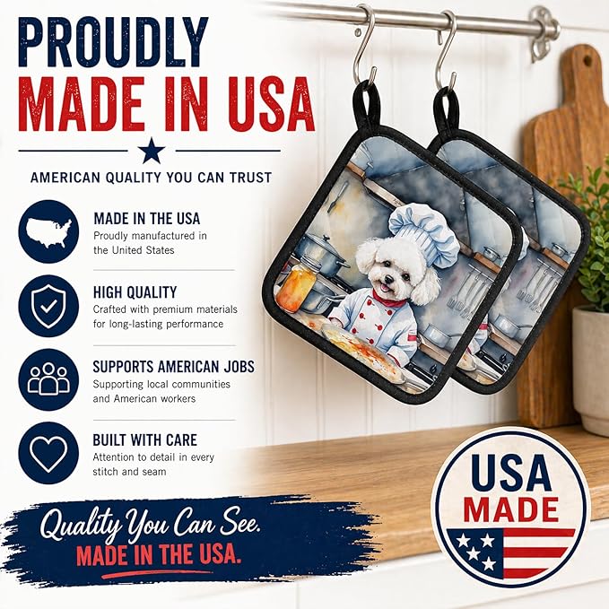 Caroline's Treasures Bichon Frise The Chef Pair of Pot Holders Kitchen Heat Resistant Pot Holders Sets Oven Hot Pads for Cooking Baking BBQ, 7 1/2 x 7 1/2