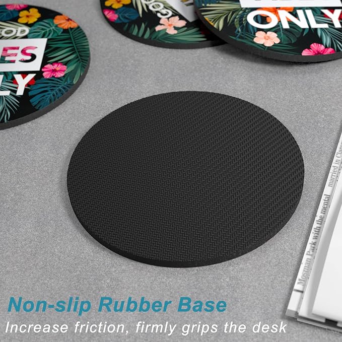 Nipichsha Coasters for Drinks, Set of 6 Cute Absorbent Rubber Drink Coasters for Cup with Non Slip Backing, Kitchen Home Decor Housewarming Gift, Round 4 in, Flowers Good Vibe
