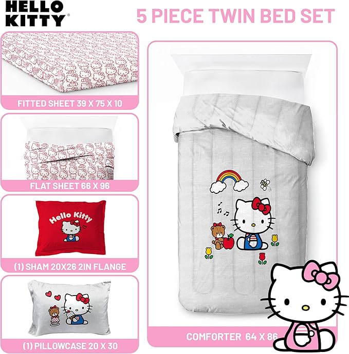 Jay Franco Sanrio Hello Kitty Twin Size Comforter Set - 5 Piece Red & Grey Bedding Includes Sheet Set & Pillow Covers - Super Soft Cozy Kawaii Bedding