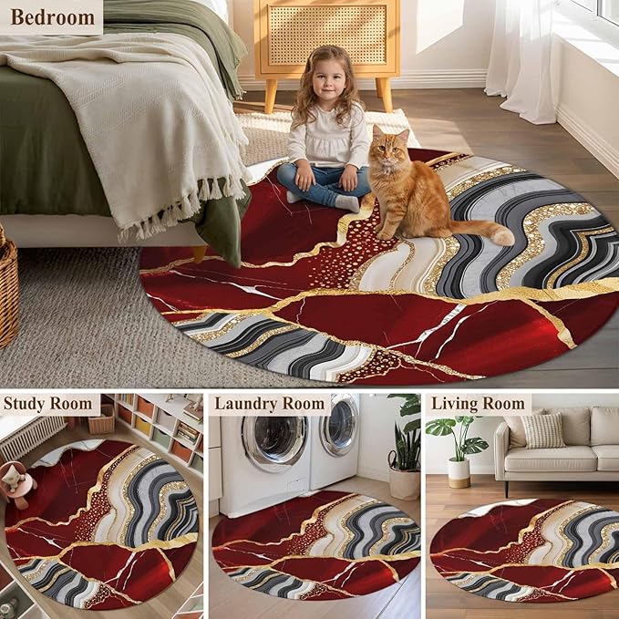 Washable Round Area Rug Abstract Flowing Marble Fluid Art Circle Rugs Floor Carpet for Living Room Bedroom, Red and Gold Lines Soft Non Slip Round Rug 3ft