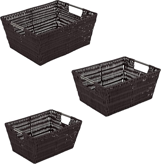 Simplify 3 Piece Set Woven Rattan Tote Baskets | Multi-Size | Handles | Storage & Organization | Toys | Bathroom Accessories | Home | Office | Dorm | Playroom | Closet | Chocolate