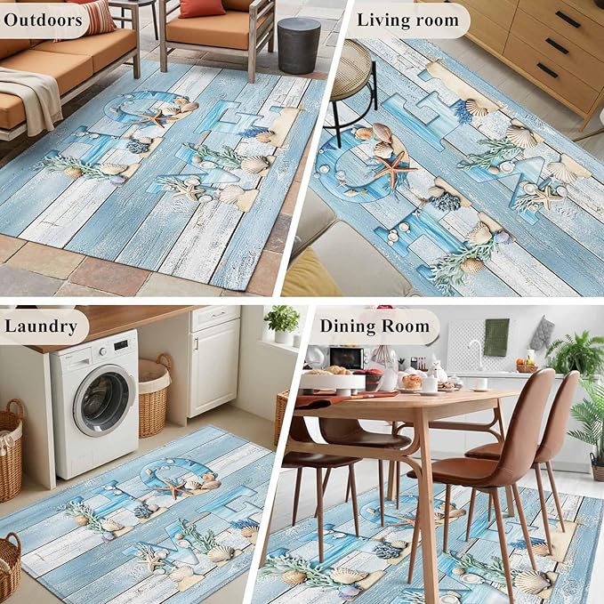 Area Rug 4x6ft, Summer Ocean Beach Shell Home Quote Washable Rugs for Living Room Bedroom, Farm Blue Wood Board Soft Non-Slip Area Rugs Rectangle Floor Carpet for Dining Room