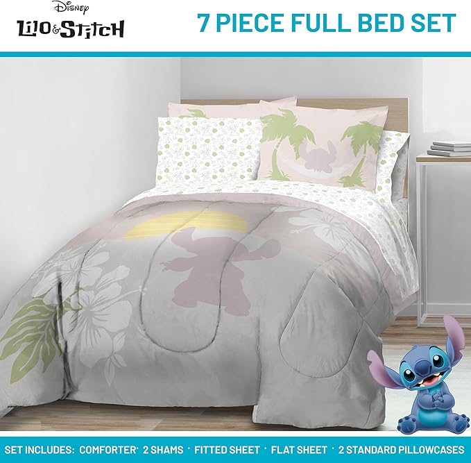 Jay Franco Disney Lilo and Stitch Full Size Comforter Set - 7 Piece Bedding Includes Sheet Set & Pillow Covers - Super Soft Cozy Bedding