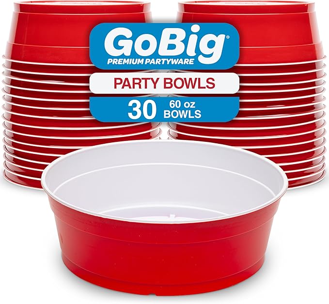 GoBig Red Party Cup Bowls - Large Disposable Plastic Bowls - 22 oz or 60 oz