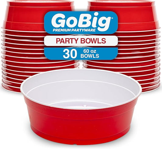 GoBig Red Party Cup Bowls - Large Disposable Plastic Bowls - 22 oz or 60 oz