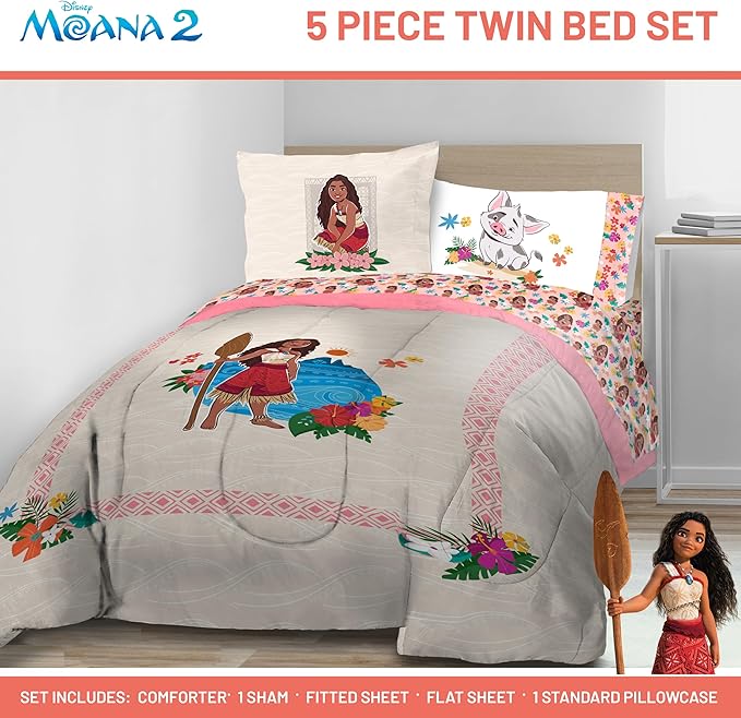 Jay Franco Disney Moana Twin Comforter Set - 5 Piece Bedding Includes Sheet Set & Pillow Covers - Super Soft Floral Cozy Bedding
