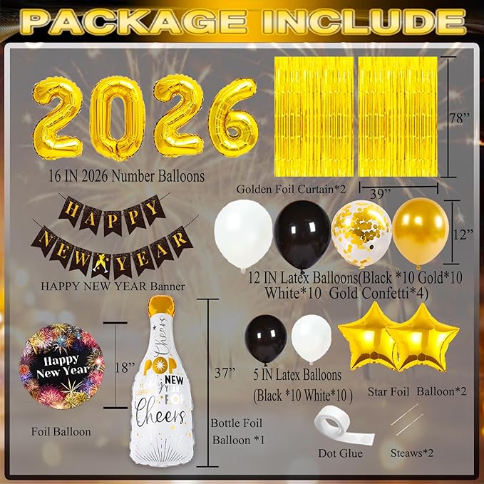 2026 New Years Eve Party Supplies, Happy New Year Decorations 2026, New Years Decorations Kit with 2026 Balloons, Happy New Year Banner, Gold and Black Balloons, Fringe Curtain for NYE Decoration