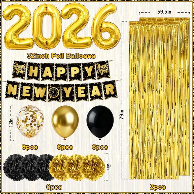 New Year Decorations 2026, Black Gold New Years Eve Party Supplies 2026 with Happy New Year Banner Cone Hat Paper Glasses Fringe Curtains 32inch 2026 Balloons for Happy New Years 2026 Decorations