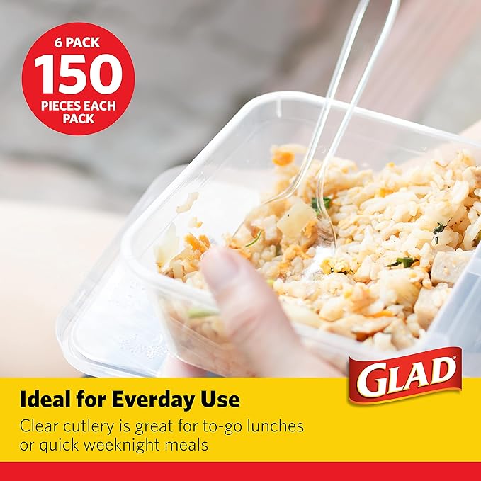 Glad Clear Disposable Cutlery Set with Heavy Duty Plastic Forks, Knives, and Spoons, Reusable Dishwasher Safe Plastic Utensils for Parties and Everyday Use, 150 Count - 6 Pack