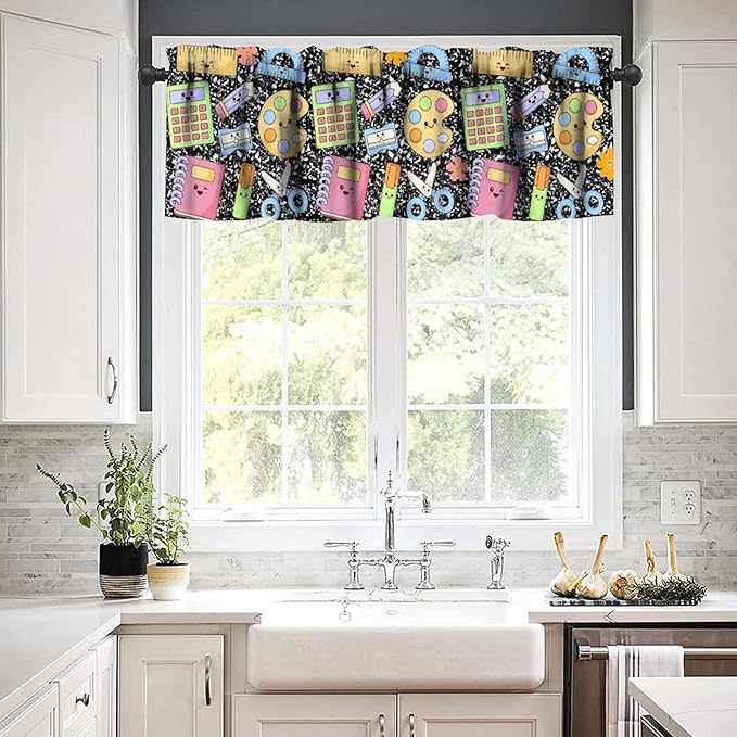 School Supplies Valance, Kids Cute Cartoon Educational Learning Tools Window Treatment for Kitchen Dining Room Bedroom Classroom, 54x18Inch