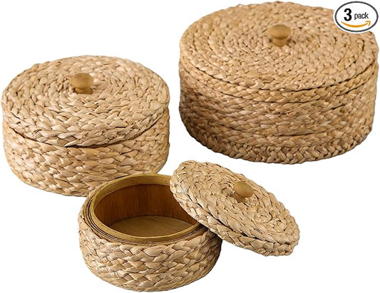 SOFE Round Rattan Storage Boxes with Lids Set of 3, Handwoven Wicker Basket, Small Baskets for Shelves, Boho Organizer Desk, Living Room Home Decoration