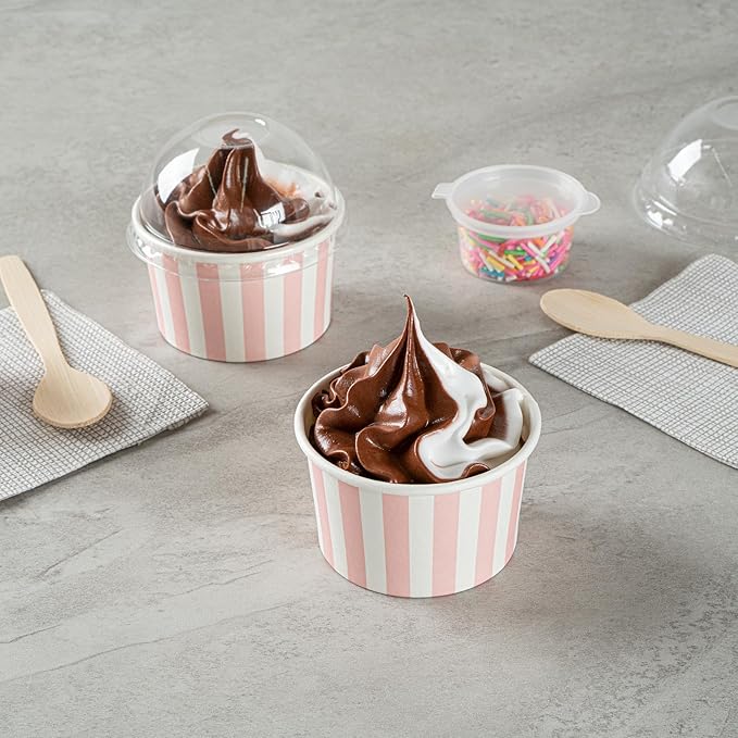 Coppetta 3-Ounce Dessert Cups, 200 Disposable Ice Cream Cups - Lids Sold Separately, Striped, Pink And White Paper FroYo Bowls, For Hot And Cold Foods, Perfect For Gelato Or Mousse - Restaurantware