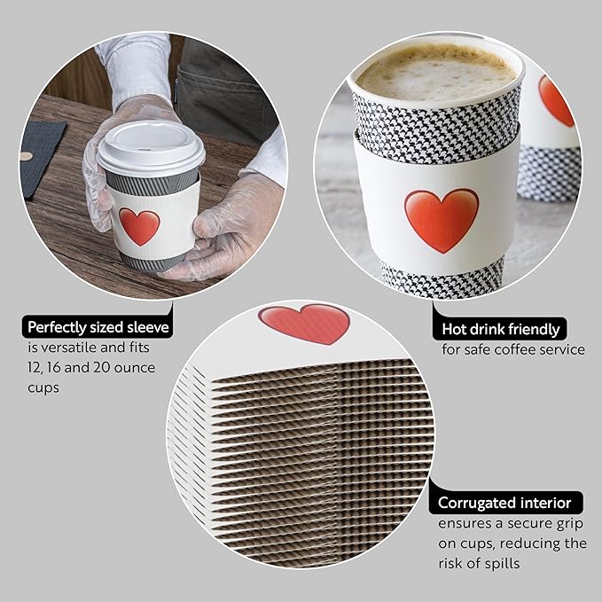 Restaurantware SLEEVES ONLY: Restpresso 5.1 x 2.8 Inch Coffee Cup Sleeves, 50 Corrugated Hot Cup Sleeves - Heart Emoji, Heat-Tolerant, White Paper Disposable Coffee Sleeves, Secure Grip