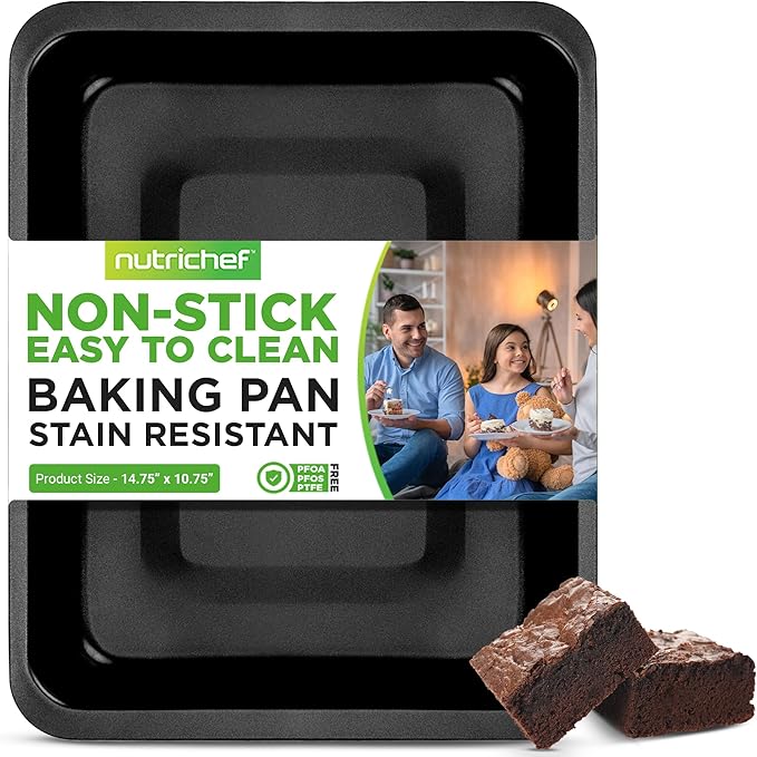 NutriChef Nonstick Baking Pan - 14" x 10" Rectangular Carbon Steel Baking Tray - Premium Bakeware for Brownies, Cakes, Lasagna, & More - Dishwasher Safe, Black