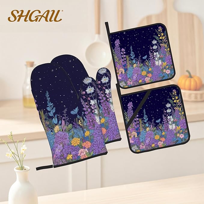 Purple Blue Yellow Flower Pattern Oven Gloves and Hot Pads Set - Heatproof Hand Protection for Baking, Grilling, Cooking 4Pcs