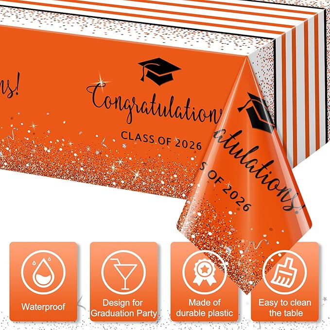 3 Pack Class of 2026 Graduation Tablecloths,Foil Dot Plastic Disposable Rectangle Table Covers for 2026 High School University College Graduation Party Decorations,108*54 Inch (Orange and Black)