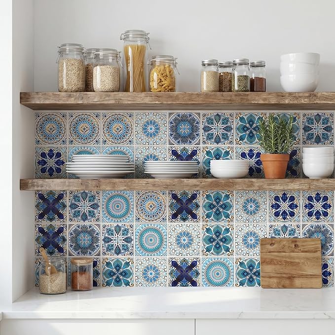 30 Pack, 4x4 Inch Moroccan Vinyl Decals, Blue and Gold Boho Mandala Peel and Stick Wall Stickers for Kitchen, Bathroom, Stairs & Furniture