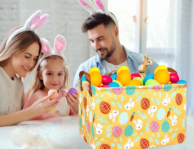 Large Rectangular Easter Baskets Empty Waterproof Boy Toy Box Foldable Kid's Gifts Storage Bin Spring Room Decor(Yellow Leaf Rabbit Egg)