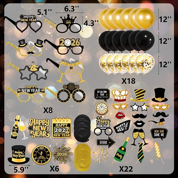 70Pcs 2026 Happy New Years Decorations Set, Black Gold New Years Eve Party Supplies 2026 with Banner 2026 Balloons Paper Glasses Photo Props Hanging Swirls for 2026 New Year Decorations