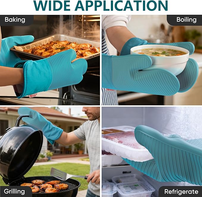 YUTAT Silicone Oven Mitts,High Heat Resistant Up to 500 Degrees,Waterproof Cooking Gloves with Soft Polyester Filling,Kitchen Potholder Set - Perfect for BBQ, Baking and Cooking,Green,2 Pcs Set