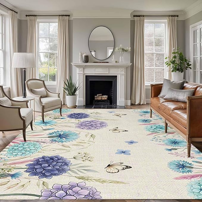Area Rug 9x12ft, Farm Blossom Floral Hydrangea Washable Rugs for Living Room Bedroom Rectangle Floor Carpet, Watercolor Butterfly on Linen Soft Non-Slip Area Rugs for Dining Room
