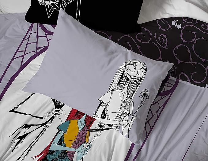 Jay Franco Kids Sheet Set with Fitted, Flat Sheets & Pillow Cover - Ultra-Soft Bedding with Pillowcase for Room Decor, White - Nightmare Before Christmas, 4 Piece Queen
