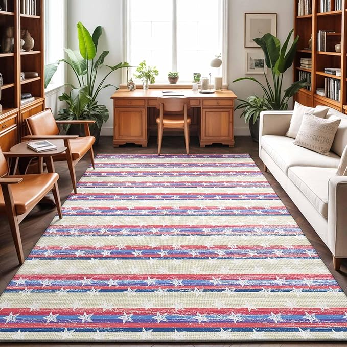 Area Rug 3x5ft, American Star Stripe Washable Rugs for Living Room Bedroom, Retro Independence Day Theme Soft Non-Slip Area Rugs Rectangle Floor Carpet for Dining Room