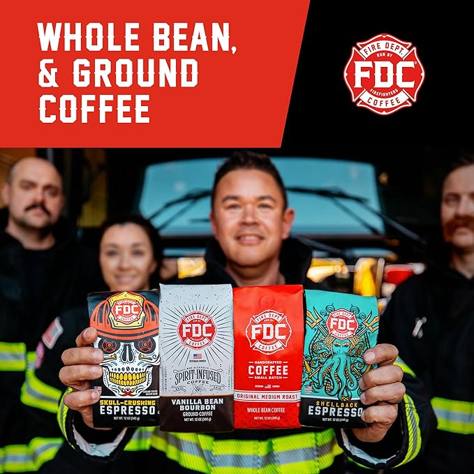 Fire Department Coffee - Black Cherry Bourbon Coffee - Gives Back to Firefighters - Premium Bourbon Infused Whole Bean - Non-Alcoholic - Roasted in the USA - Veteran Owned - 12 oz