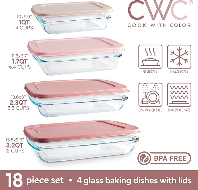 COOK WITH COLOR 8 PC. Glass Baking Dish Set with Lids - Deep Casserole Dish, Glass Food Container, Oven, Freezer and Microwave Safe, Clear Container, Pink