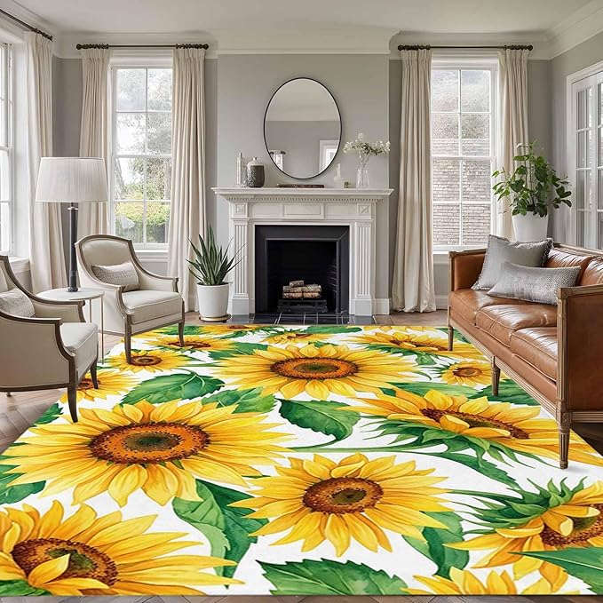Area Rug 9x12ft, Summer Garden Sunflower Leaves Washable Rugs for Living Room Bedroom Rectangle Floor Carpet, Farm Blossom Floral Soft Non-Slip Area Rugs for Dining Room
