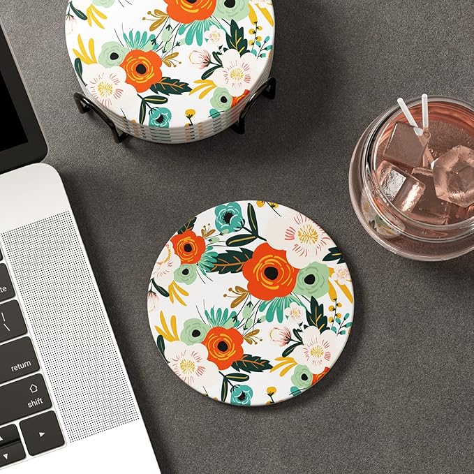 Nipichsha Coasters for Drinks, Set of 6 Cute Absorbent Ceramic Drink Coasters for Cup with Holder and Cork Base, Kitchen Home Decor Housewarming Gift, Round 4 in, White Flowers