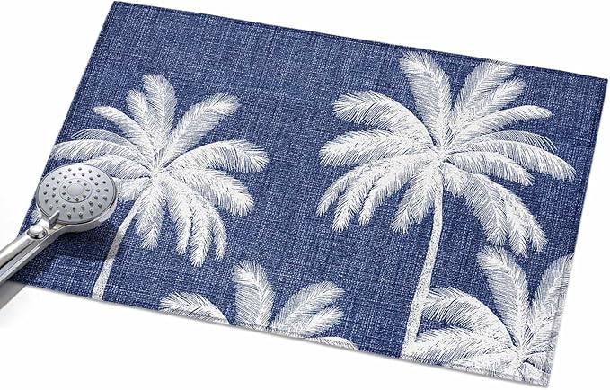 Area Rug 2x3ft, Coastal Palm Trees on Blue Washable Rugs for Living Room Bedroom, Minimalist Tropical Leaves Soft Non-Slip Area Rugs Rectangle Floor Carpet for Dining Room