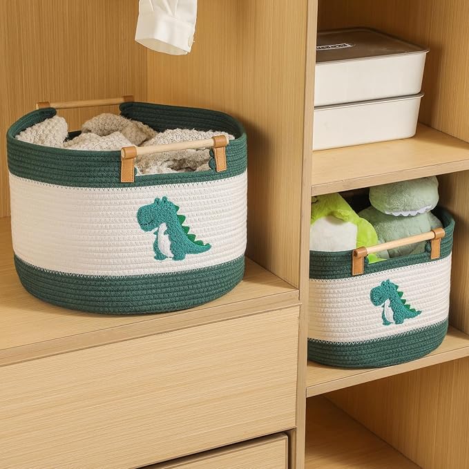 Large Blanket Basket 35L Cotton Rope Basket with Wooden Handles Woven Baskets for Kids Stuffed Animal Toys Storage for Nursery, Laundry Hamper Clothes Baby Hamper Boys Gift Basket Empty, (Dinosaur ）
