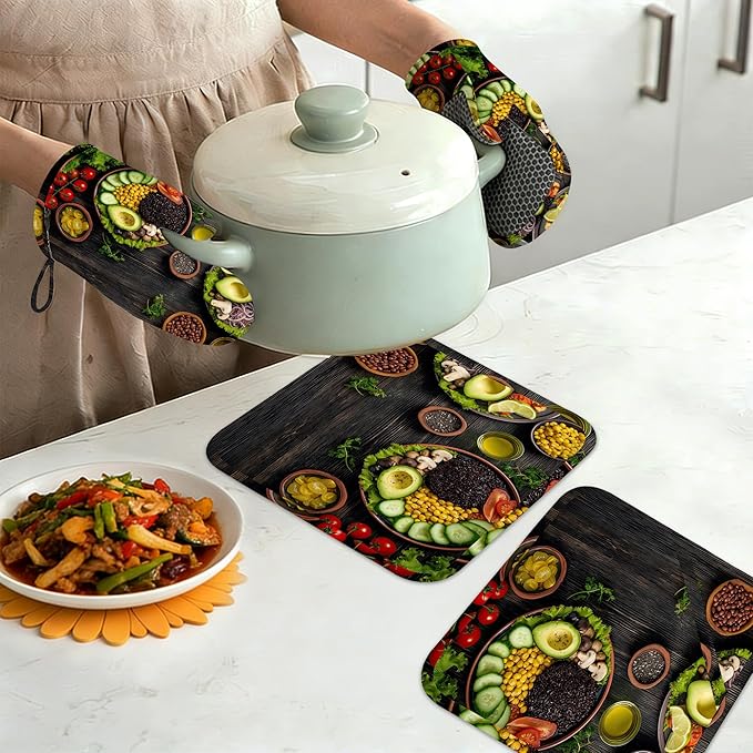 Healthy Food Oven Mitts and Pot Holders Set of 4,Kitchen Glove Heat Resistant Oven Mitts with Non-Slip Silicone for Baking, Cooking, BBQ