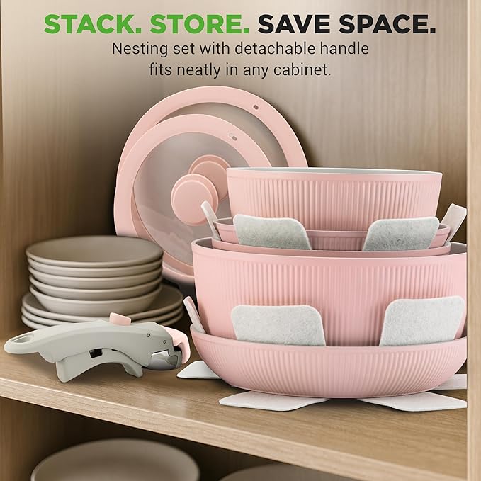 NutriChef 18-Piece Ceramic Cookware Set with Detachable Handles, Space-Saving Nonstick Pots, Pans & Lids, Oven-Safe Bowls, Stackable Storage, Includes Cooking Utensils & Accessories (Pink)