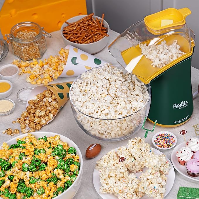Presto 04870 Poplite Hot Air Popcorn Popper - Built-In Measuring Cup + Melts Butter, Easy to Clean, Built-In Cord Wrap, 18 Cups, Green/Gold