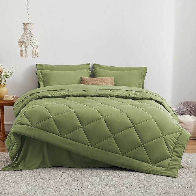 Love's cabin Twin Comforter Set Olive Green, 5 Pieces Twin Bed in a Bag, All Season Bedding Sets with 1 Comforter, 1 Flat Sheet, 1 Fitted Sheet, 1 Pillowcase and 1 Pillow Sham | Soft, Breathable, Lightweight, Comfortable