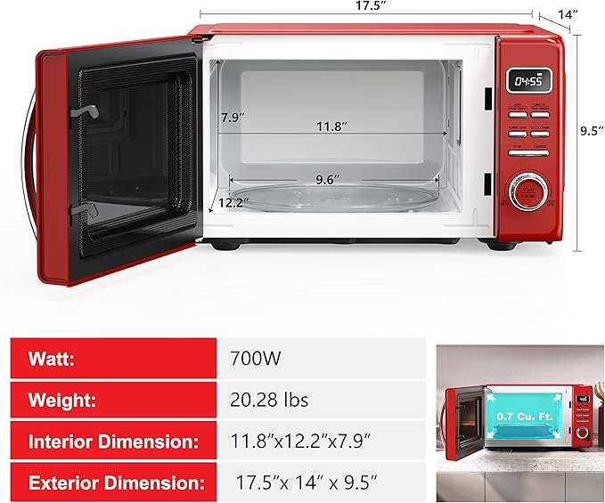 Galanz GLCMKZ07RDR07 Retro Countertop Microwave Oven with Auto Cook & Reheat, Defrost, Quick Start Functions, Easy Clean with Glass Turntable, Pull Handle.7 cu ft, Red