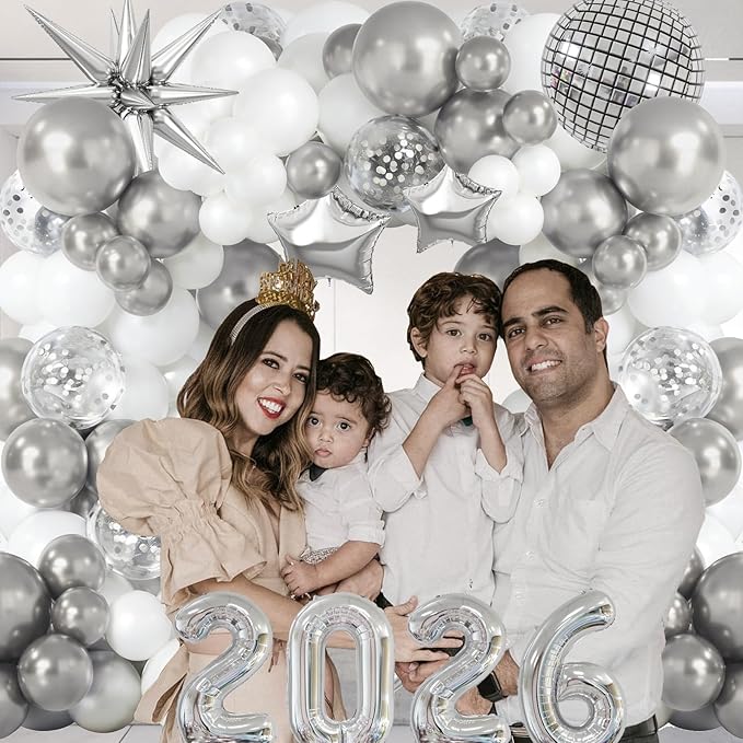 2026 New Year Balloons Disco Party Balloon Garland Arch Kit Metallic Silver White Balloons New Years Eve Decorations 2026 Foil Balloon for New Year Party Decorations