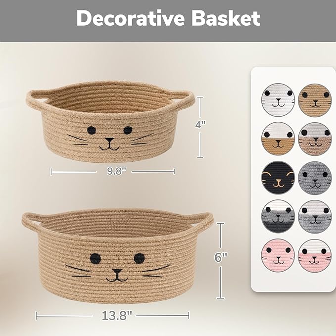 Cute Cat Toy Basket, Small Woven Basket for Organizing Living Room, Decorative Gift Baskets for Baby Shower, Pet Toys Storage, Mixed & Gray, 9.8 x 4 inches