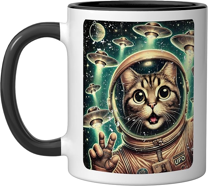 Space Cat Astronaut UFO Funny Sci-fi Alien Selfie Ceramic Mug, Black/White