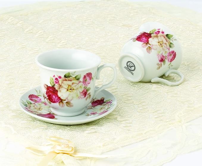 8oz. Set of 4 Coffee/Tea Cups On Metal Stand-Red and Ivory Flower