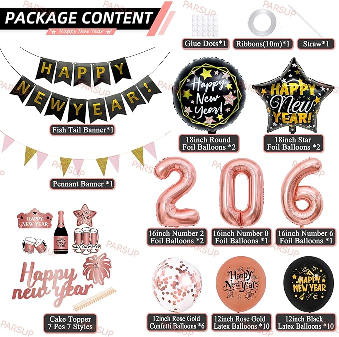 New Years Eve Party Decorations 2026, Rose Gold Happy New Year Decorations, Happy New Year Banner, 16inch 2026, 18inch Star & Round Foil Balloons, Latex Confetti Balloons
