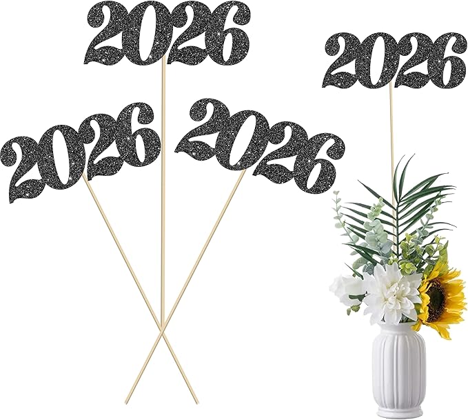 12pcs Black Glitter 2026 Number Centerpiece Sticks Congrats Party Decorations for Table Class of 2026 Graduation Centerpieces for Hello 2026 Christmas New Year Eve Party Supplies